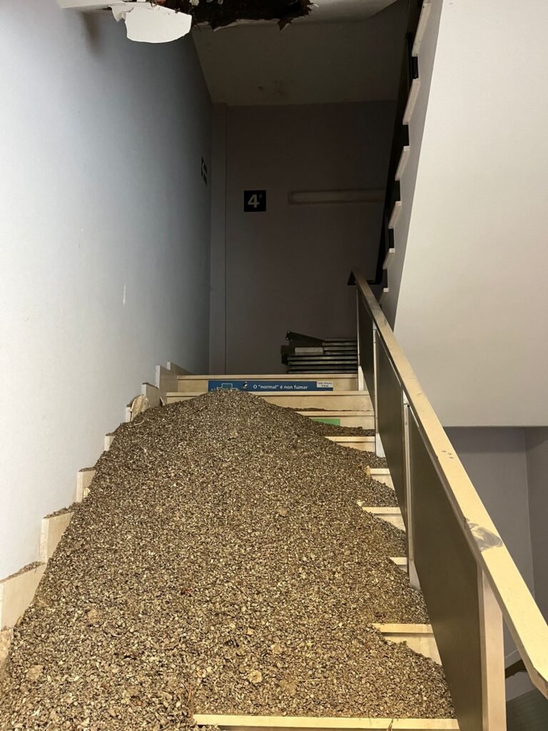 A acumulación de excrementos das pombas fixo caer un falso teito no centro de saúde de Ribadeo